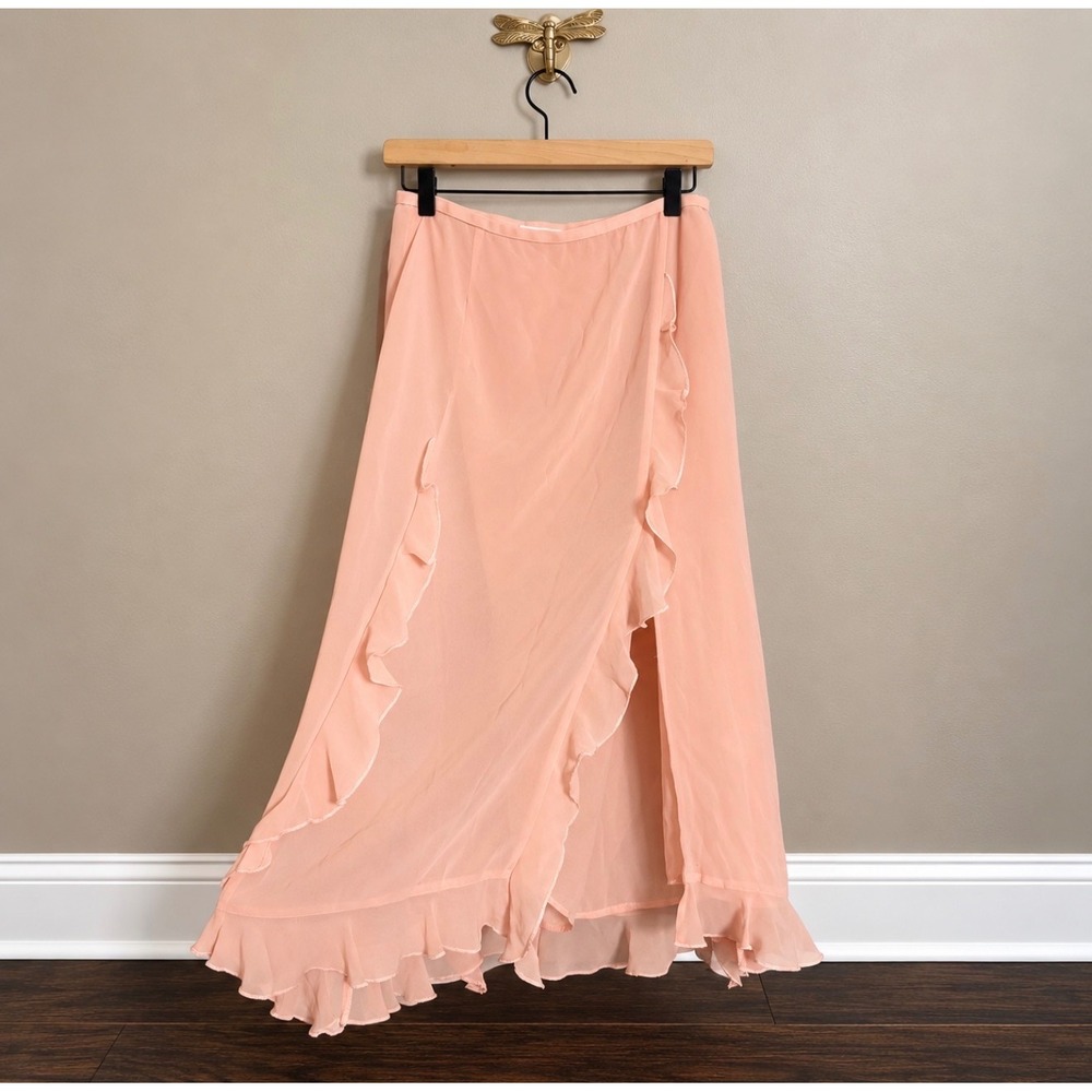 Oak + Fort Pink Ruffle Wrap Front Midi Skirt Peach Chiffon Size 6 SK-12389-W